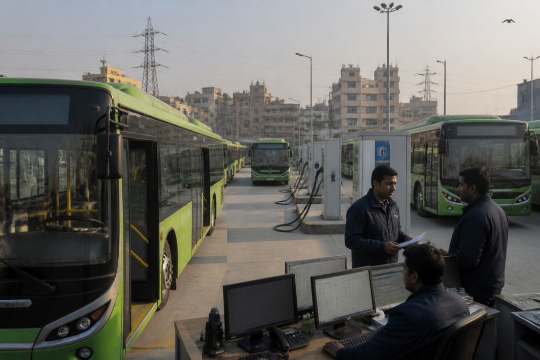 DTC AI system visualised over Delhi buses at a busy city depot