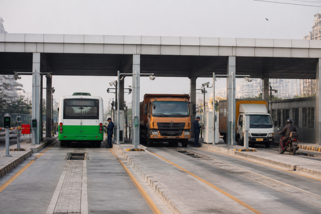 Delhi vehicle testing centre with vehicles undergoing automated emissions and fitness checks