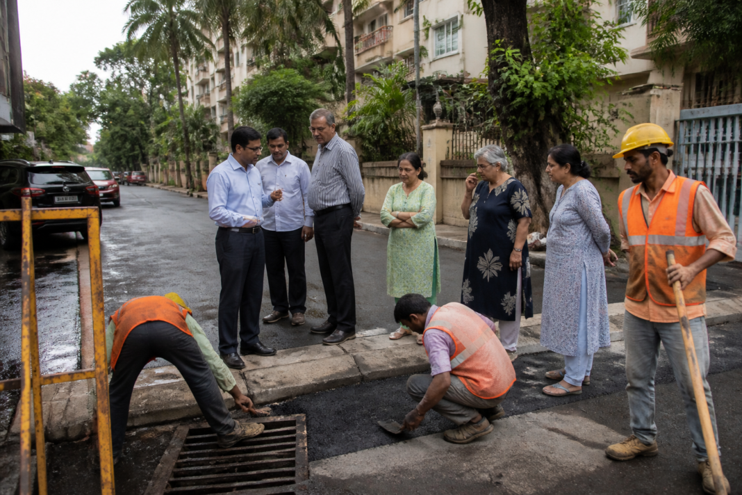 BMC civic workers repairing a residential road in Mumbai