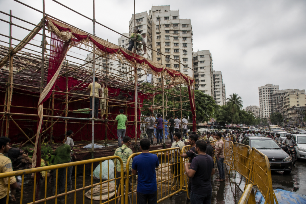 Mumbai Ganpati pandals being prepared along a city road ahead of the festival