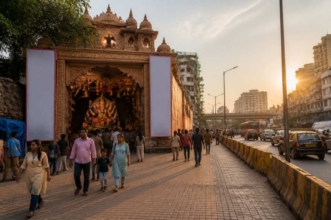 Mumbai Ganpati mandal entrance with regulated advertising beside a city footpath