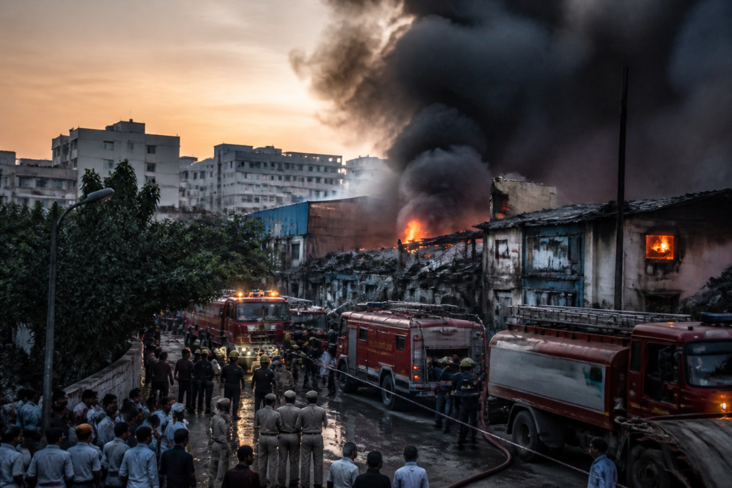 Firefighters tackle the East Delhi godown fire near Vasundhara Enclave amid thick smoke.