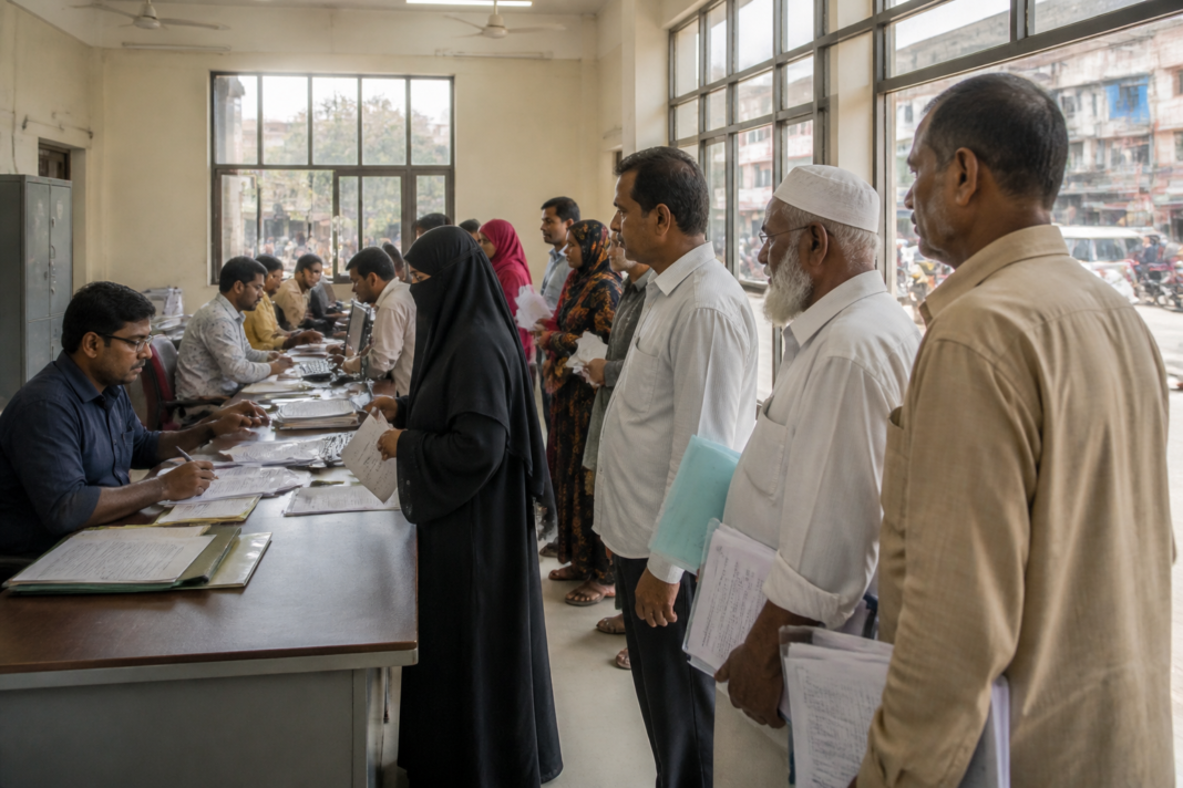 Hyderabad SIR hearings at an electoral registration office with voters submitting documents