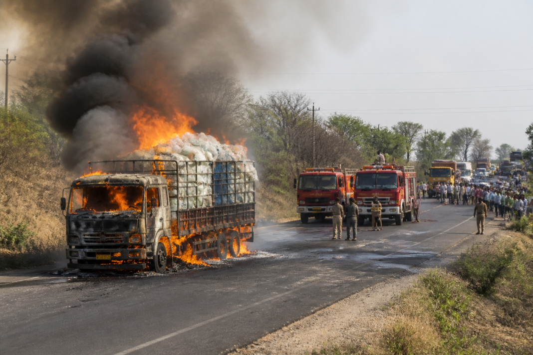 NH-167 truck fire near Kodangal with smoke rising from a cargo vehicle