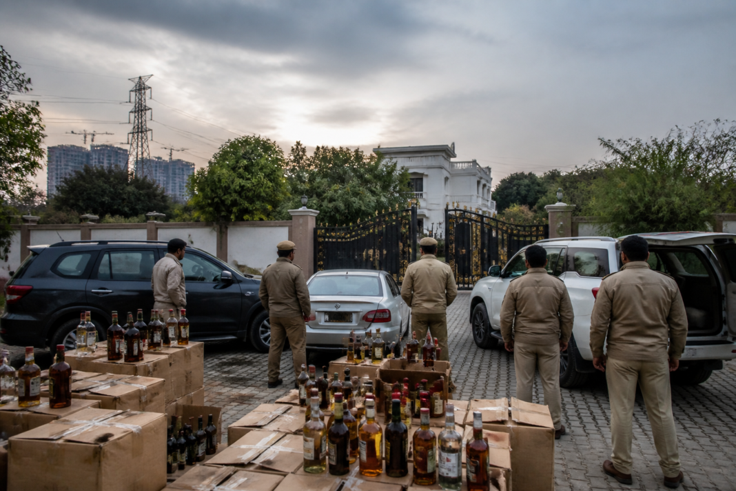 Delhi liquor smuggling raid involving seized bottles and vehicles in South Delhi
