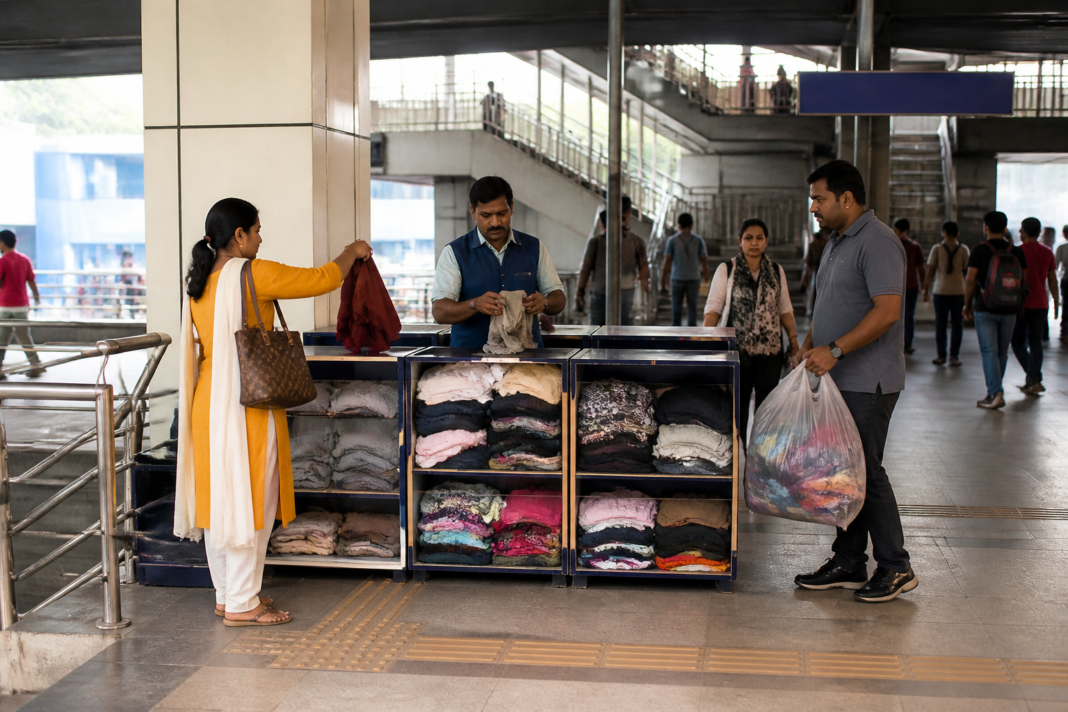 Arpan Centre for old clothes recycling at a Delhi Metro station
