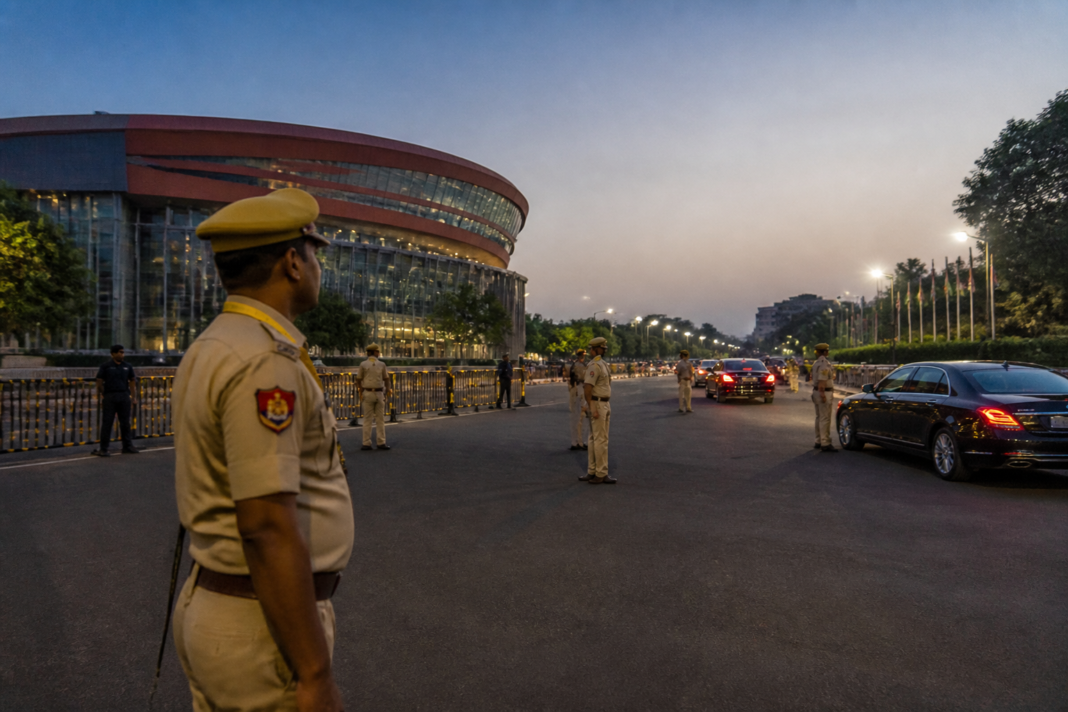 Delhi Police personnel securing a BRICS Summit venue in New Delhi