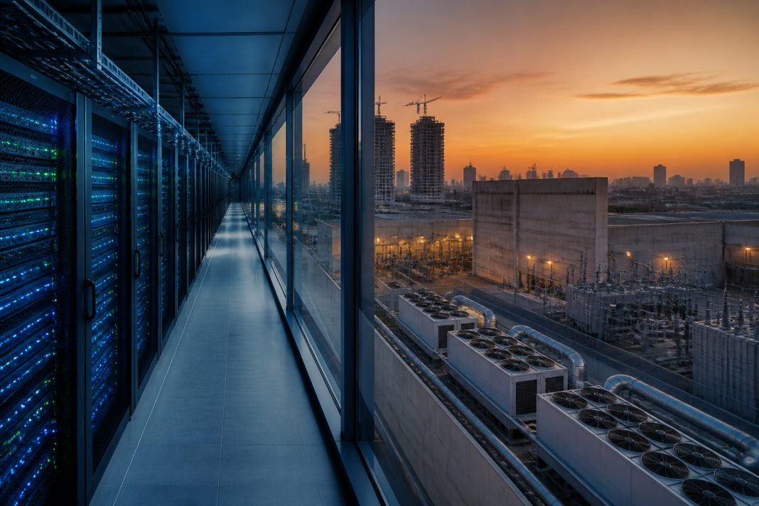 AI spending and data centre infrastructure with servers and power systems in an urban technology facility