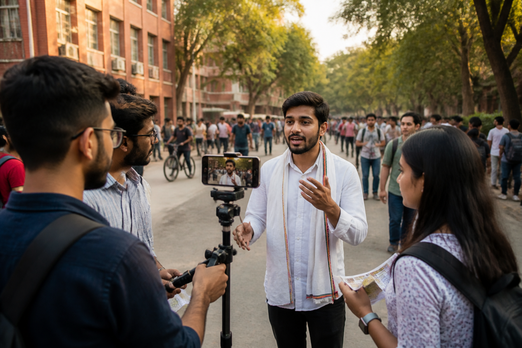 DUSU campaign content being filmed on a Delhi University campus