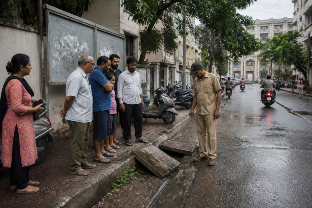 Bengaluru civic council debate reflected in a ward street with civic infrastructure and residents