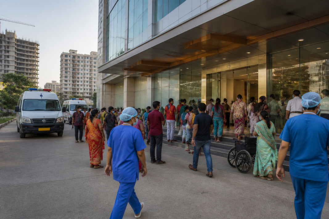 Hyderabad medical fees discussed outside a private hospital with patients and urban healthcare facilities