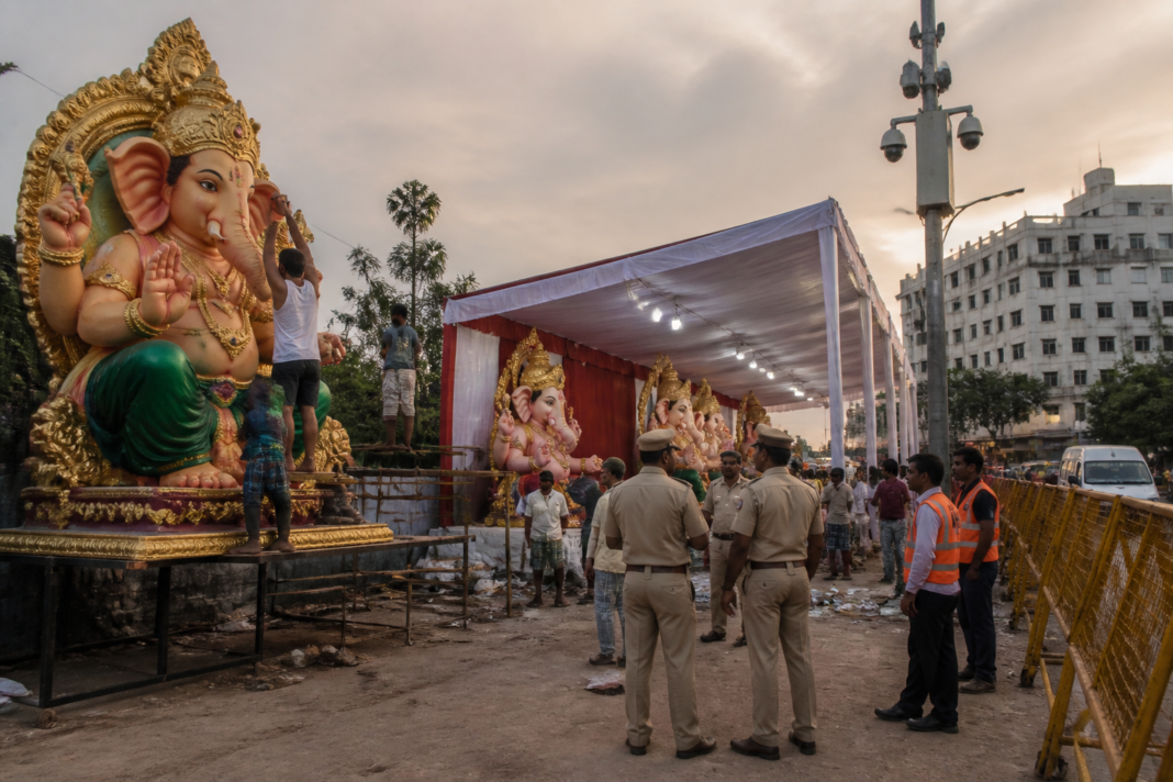 Tamil Nadu Ganesh idols arranged for an authorised public festival site