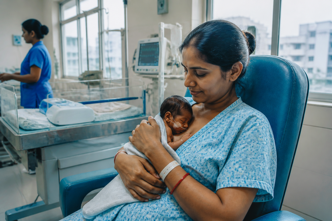 Mother-newborn intensive care unit supporting kangaroo care for a newborn in an Indian hospital