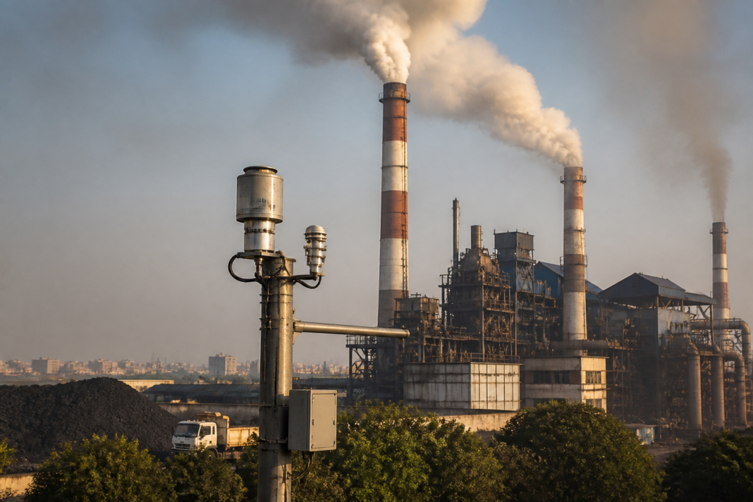Emissions trading scheme illustrated by an Indian industrial cluster with smokestacks and pollution monitoring equipment