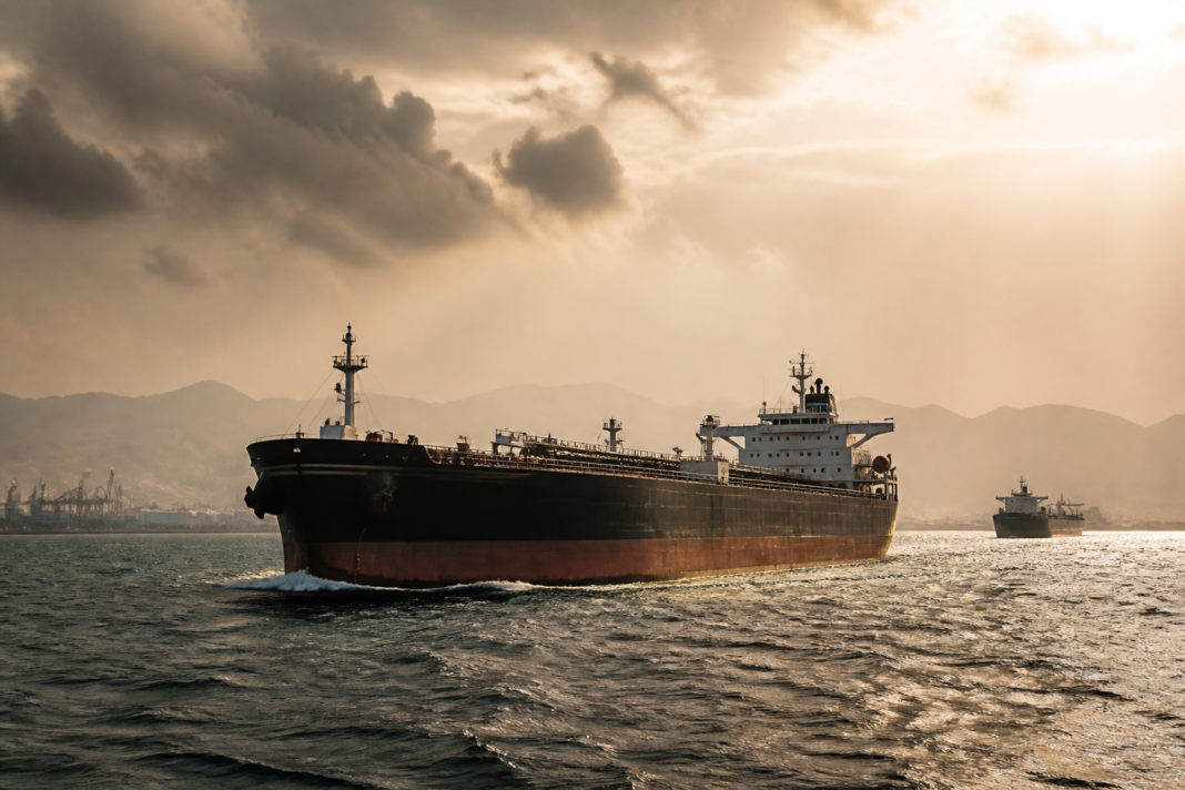 Crude oil prices rise as an oil tanker sails near a busy Gulf shipping route.