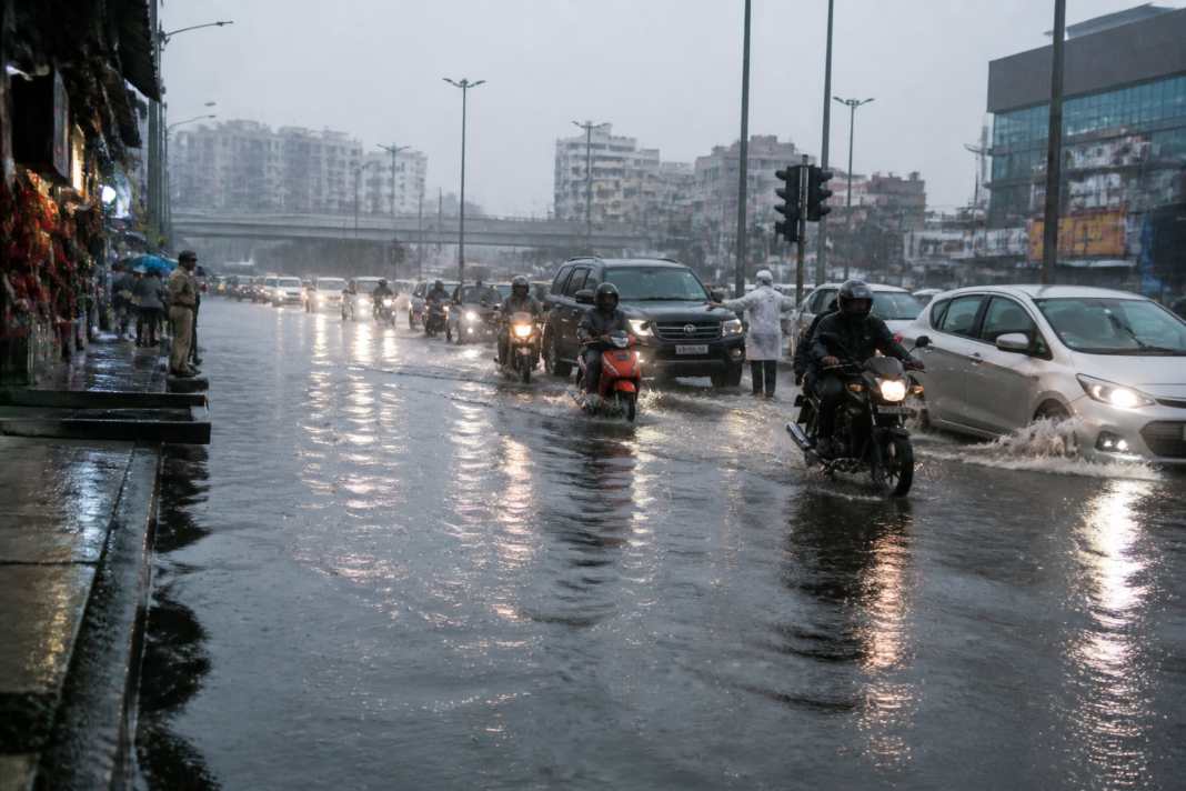 Hyderabad rains leave an urban road waterlogged as traffic moves cautiously.