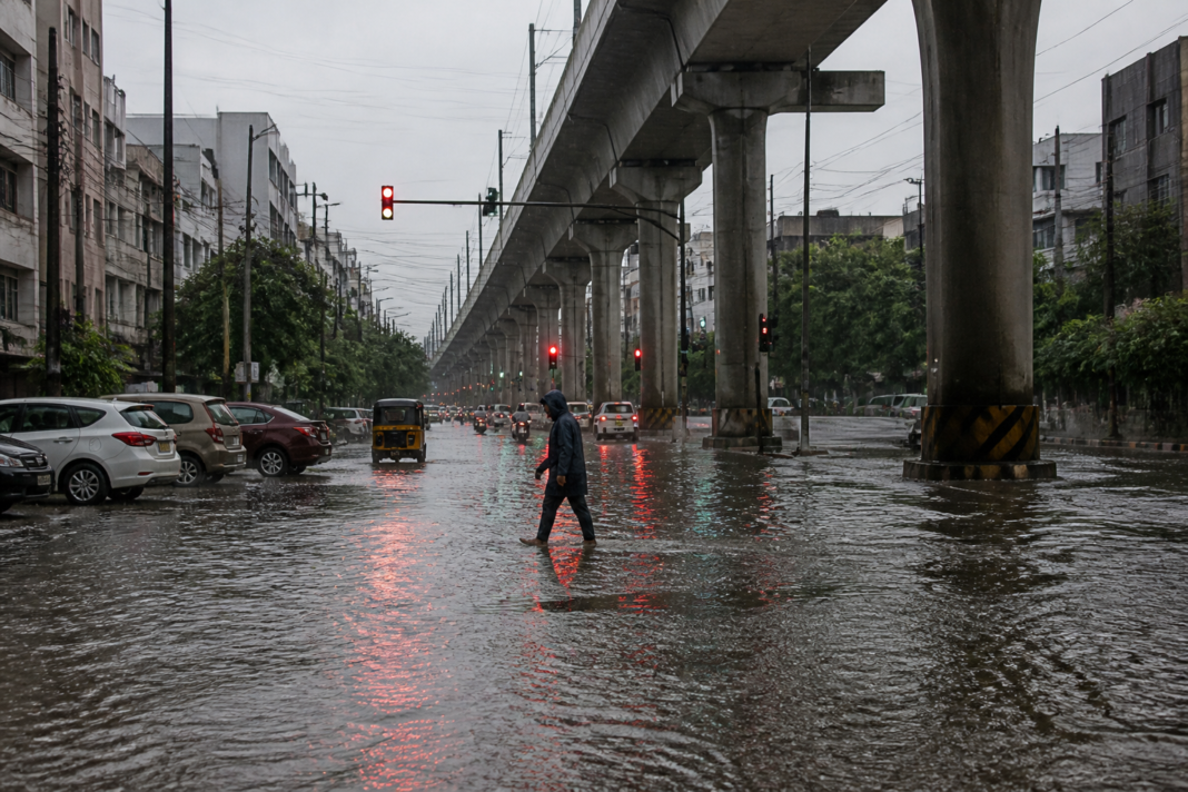 Hyderabad heavy rain causing waterlogging on an urban road in the city