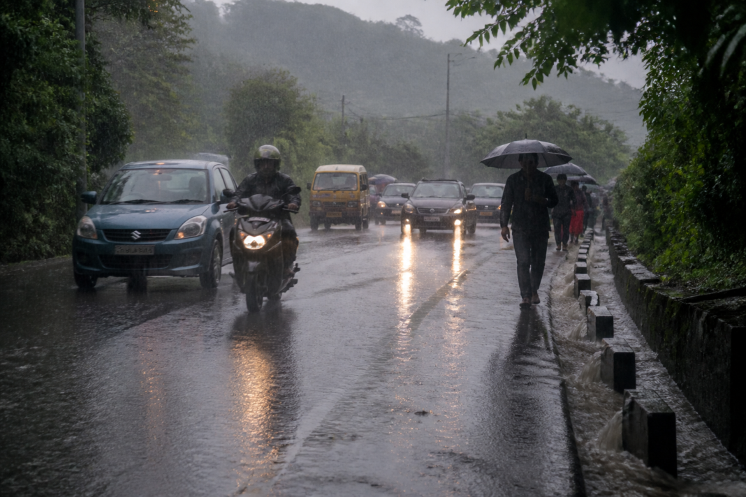 North Bengal heavy rain over a flooded road with monsoon clouds and commuters using umbrellas.