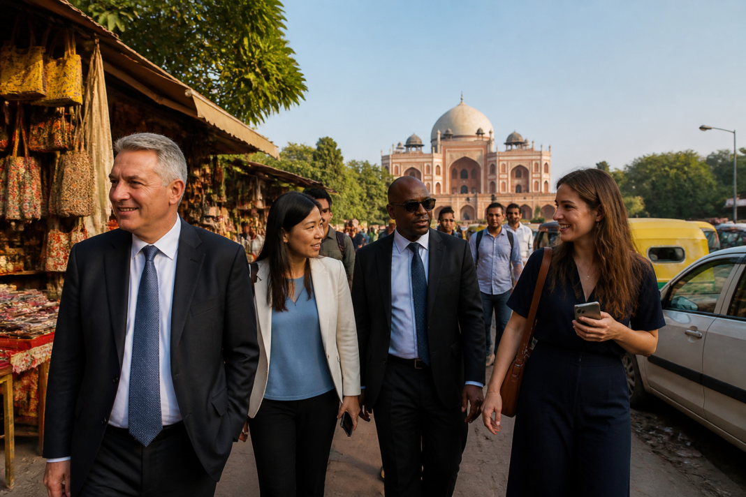 BRICS summit delegates visiting a busy Delhi tourism and retail district