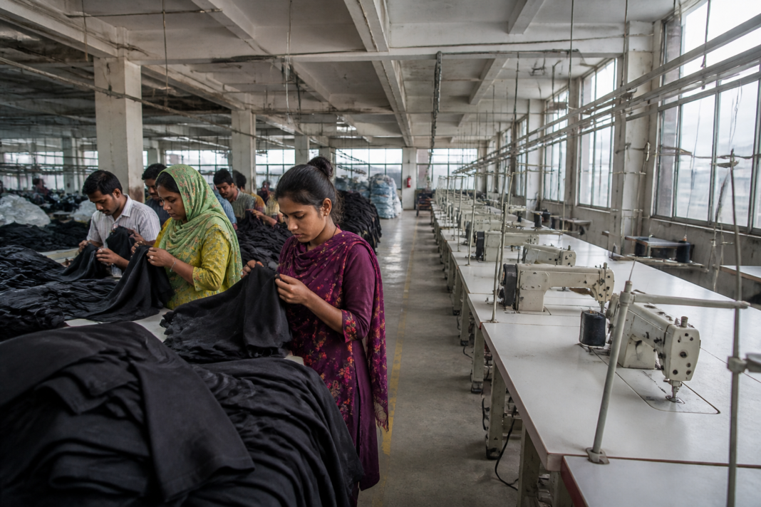 Apparel supply chain workers in a Bangladesh garment factory with idle sewing machines
