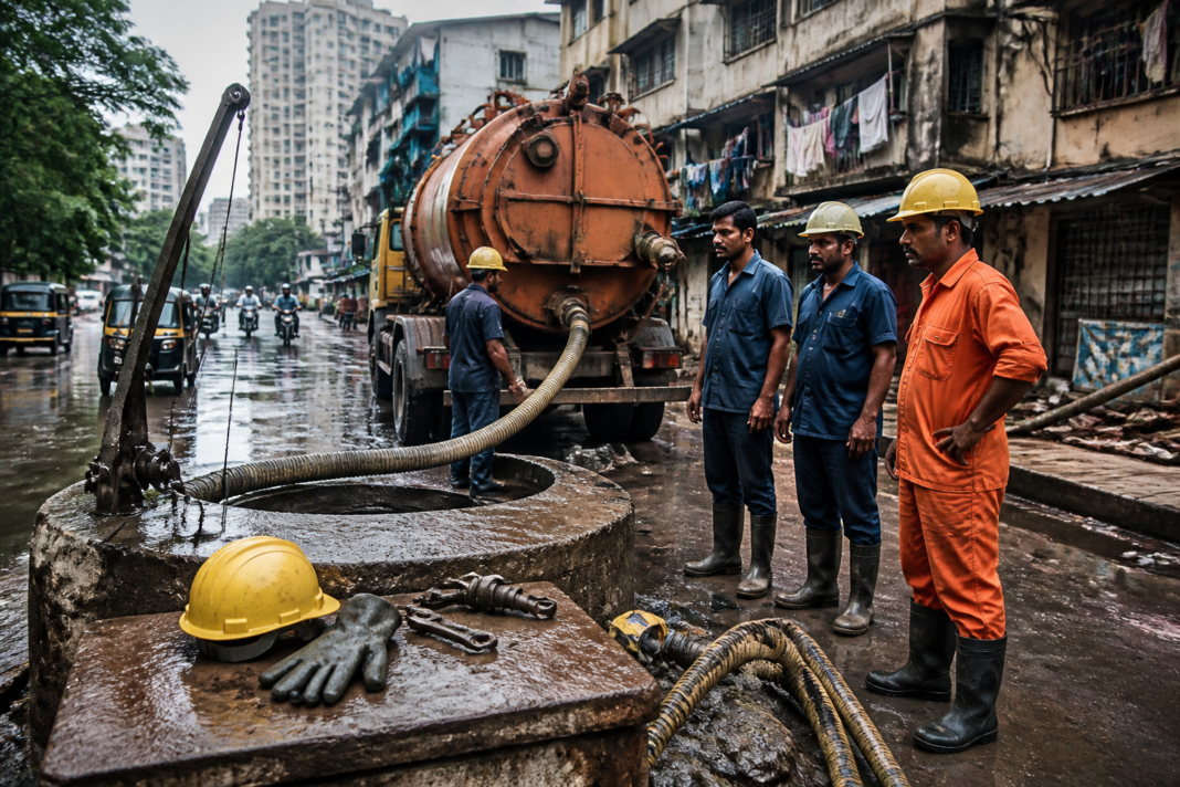 Manual scavenging compensation crisis reflected by a worker near a septic tank in Mumbai