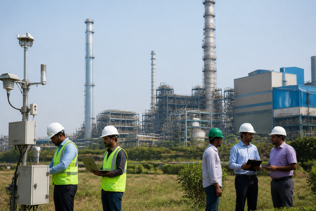Emissions trading scheme illustrated through an industrial cluster with pollution monitoring equipment