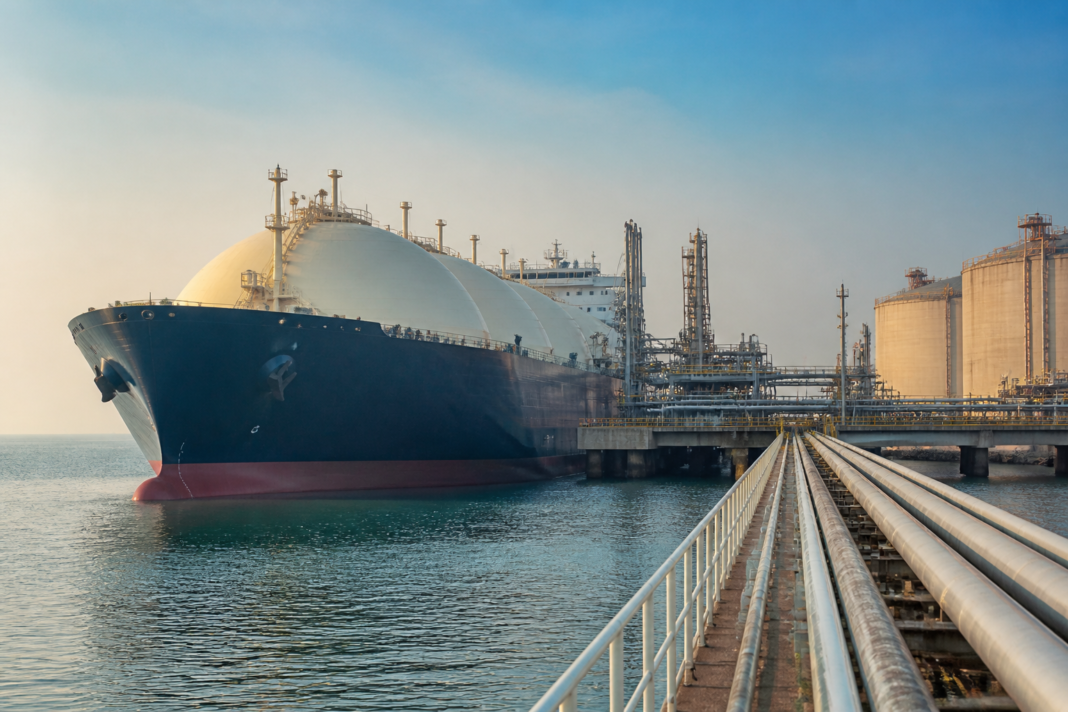 LNG supply infrastructure with a gas tanker at an international export terminal