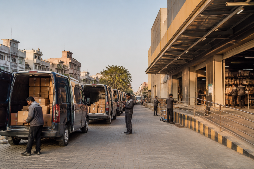 Amazon India network expansion with a delivery hub and logistics vehicles in an Indian city