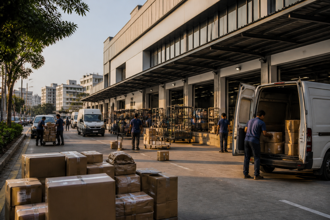 Amazon India operations network with delivery vehicles at a logistics facility