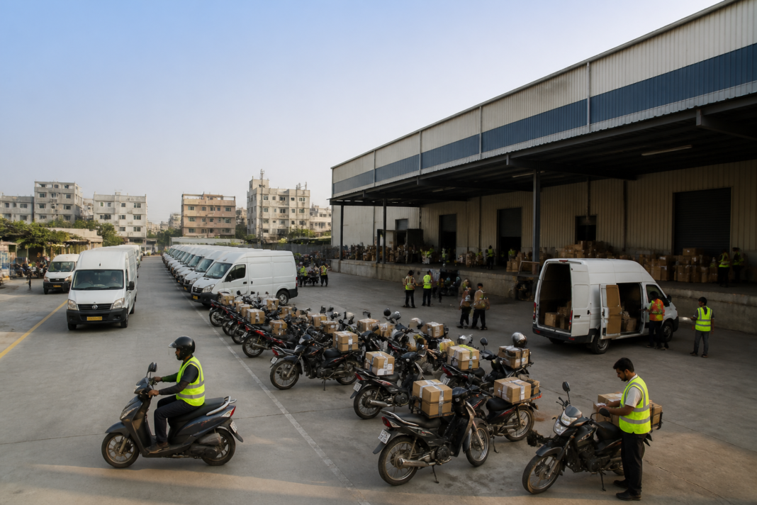 Amazon India logistics expansion with delivery vehicles at an urban fulfilment facility