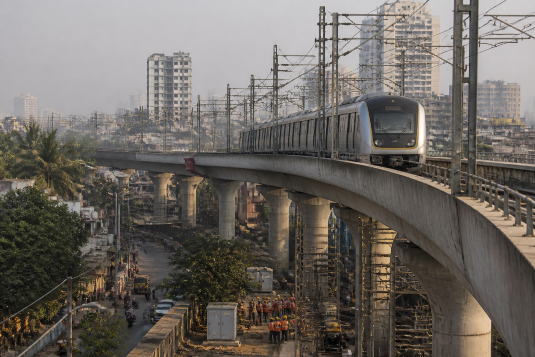 Mumbai Metro Line 9 corridor near Dahisar and Kashigaon, showing elevated metro infrastructure