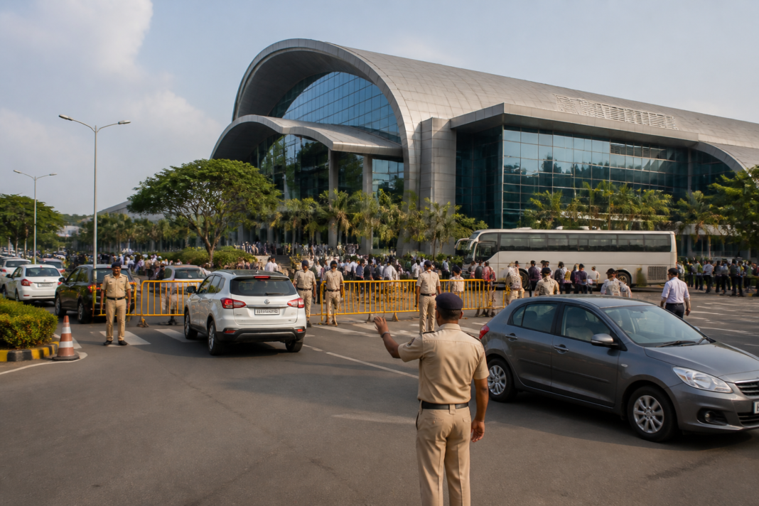 Security and traffic arrangements near the Vashi Hindi Rajbhasha Sammelan venue in Navi Mumbai