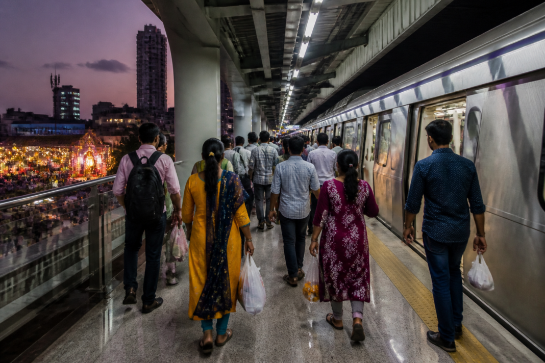 Ganesh Chaturthi Mumbai 2026 commuters travelling on a crowded metro platform
