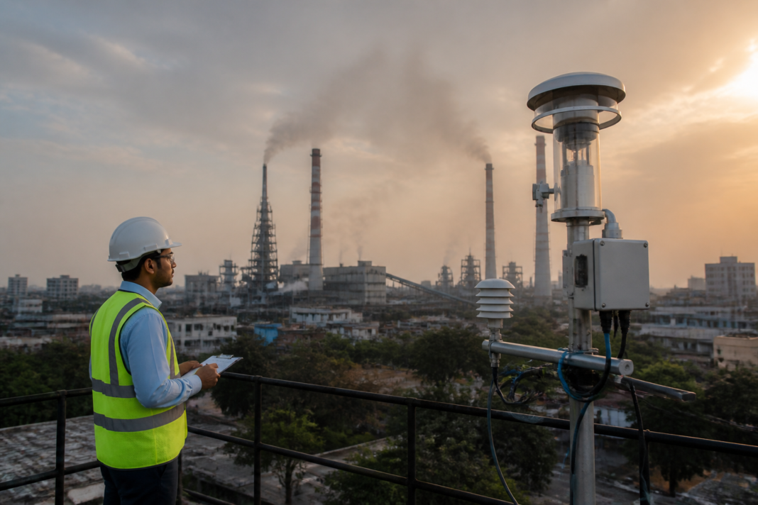 Emissions trading scheme concept shown through an industrial area with smokestacks and air pollution monitors