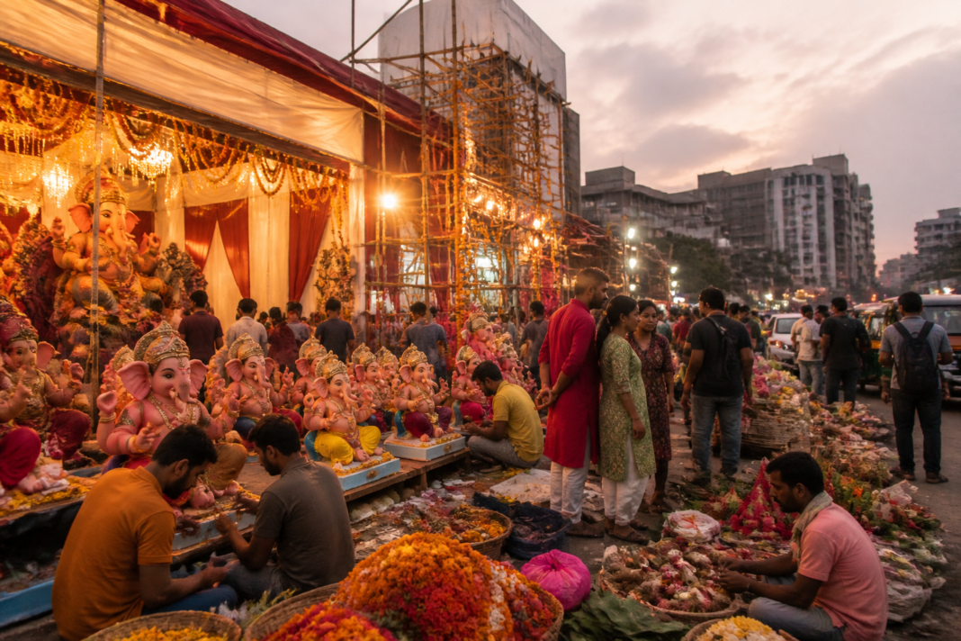 Ganesh festival trade supporting artisans and decorated community pandals in an Indian city