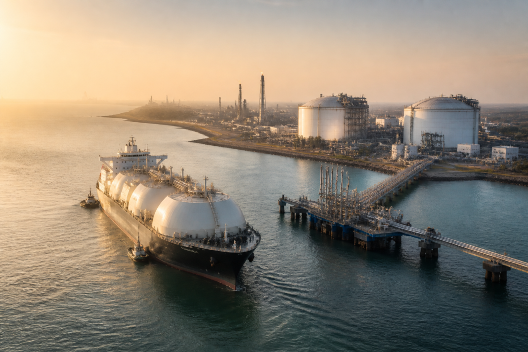 Chevron India LNG deal visual showing an LNG carrier near an Indian gas terminal