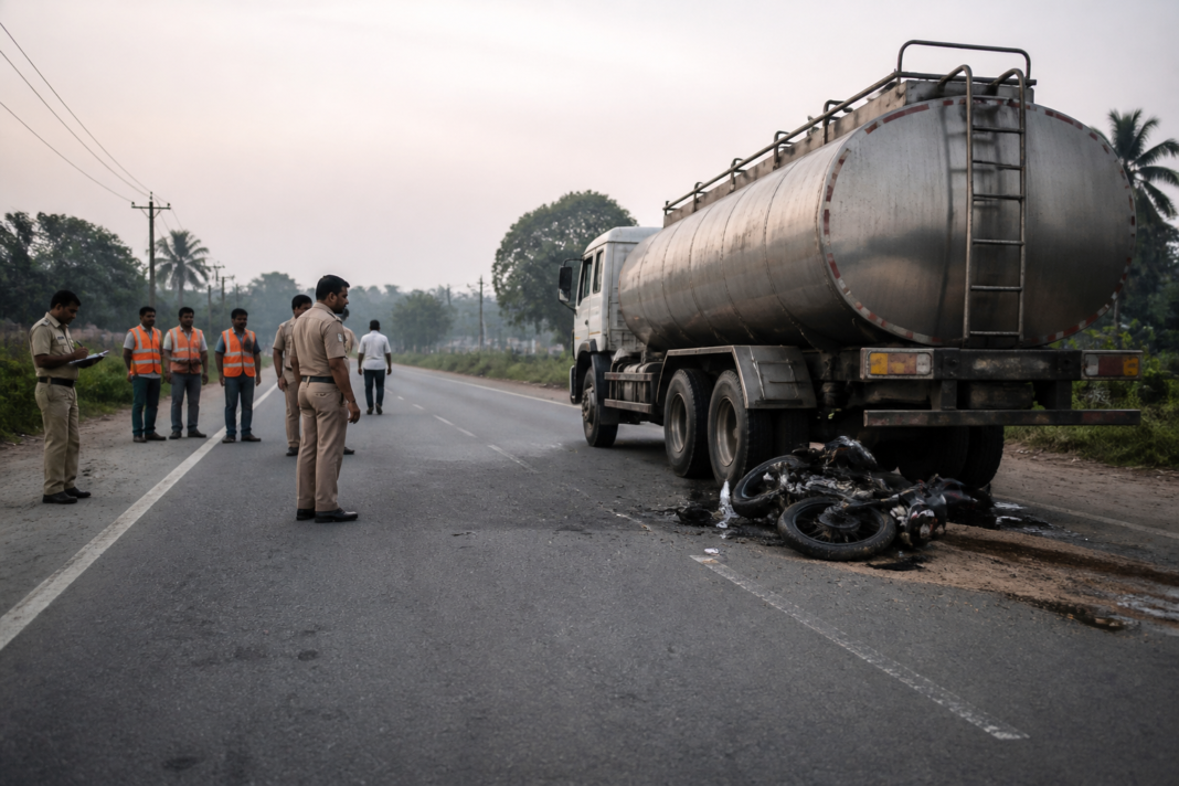 Milk tanker and motorcycle crash scene on a Mandya road in Karnataka