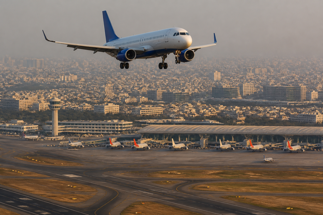 India air travel growth represented by a passenger aircraft approaching a busy Indian airport