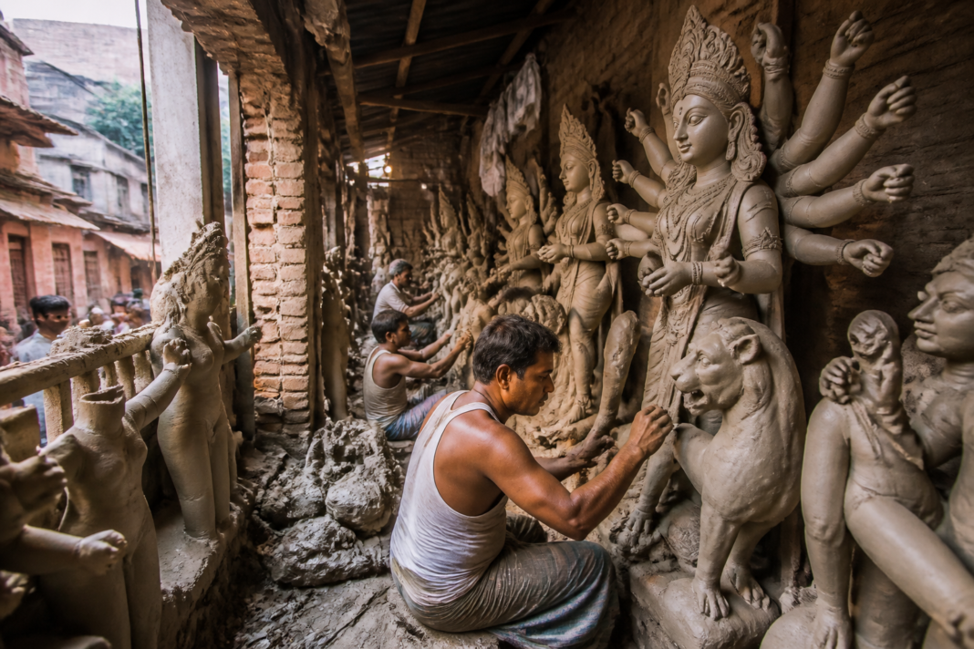 Kumartuli Durga idols arranged in an artisan’s workshop in Kolkata