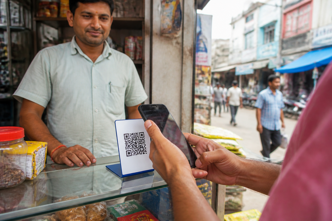 UPI payments at a small Indian shop counter, showing a digital payment transaction below Rs 2,000.