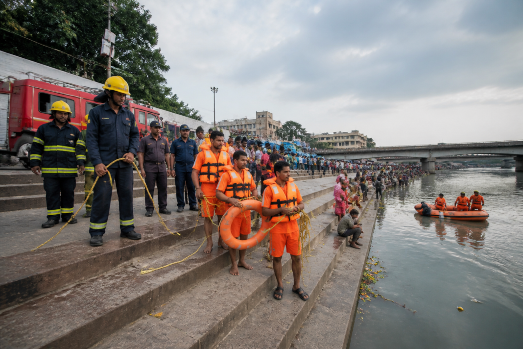 Pune Ganesh visarjan safety personnel inspecting an immersion ghat along the Mutha river