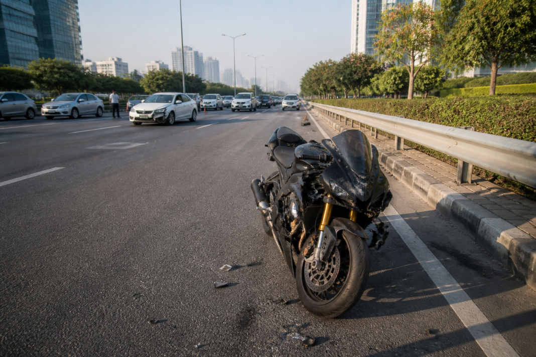 Gurugram hit-and-run scene on Golf Course Road involving a motorcycle and car