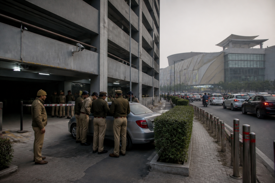 Noida car theft investigation near a multilevel parking facility
