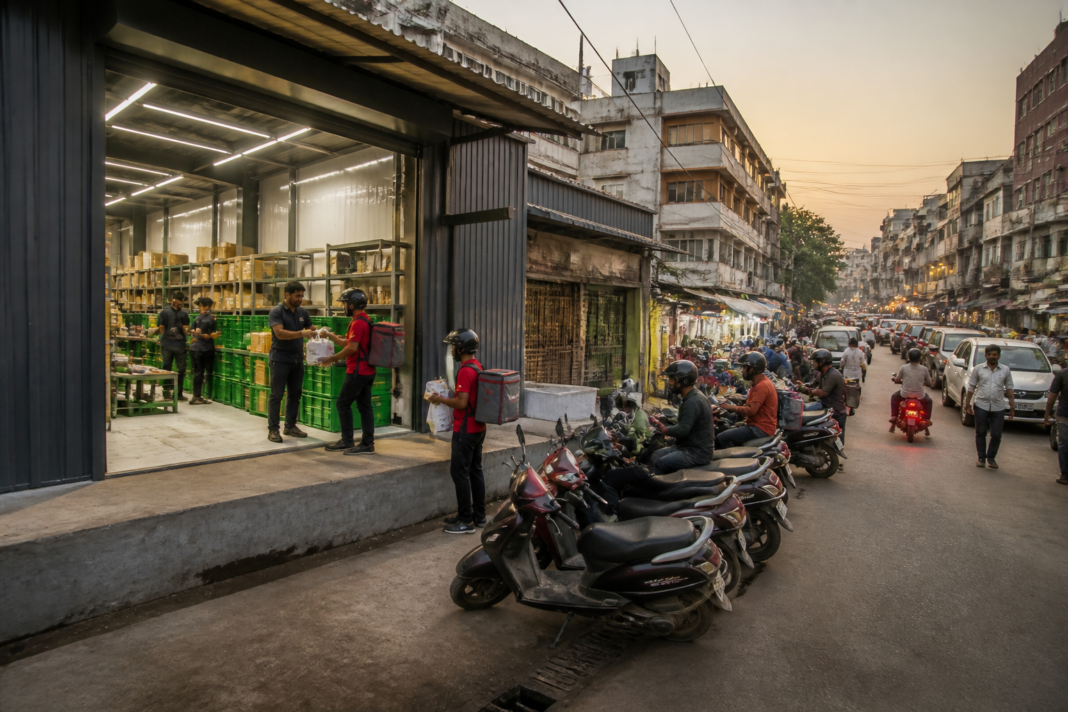 Amazon Now delivery infrastructure represented by an urban fulfilment centre and delivery riders in India