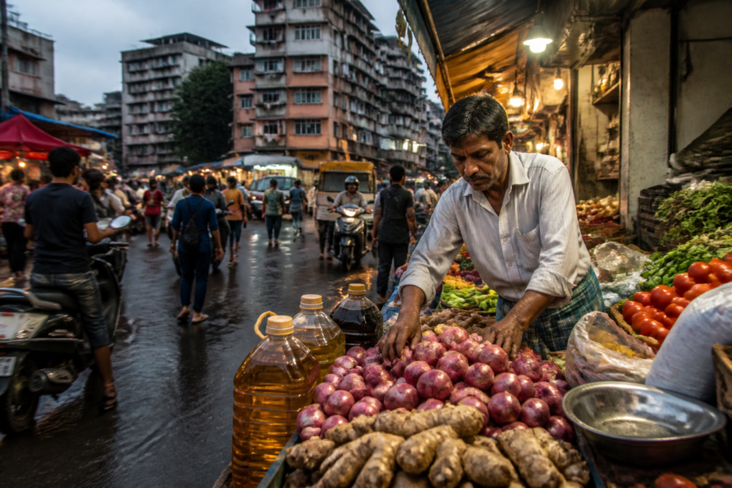 Food inflation in India reflected in a Mumbai market with onions, ginger and cooking oil