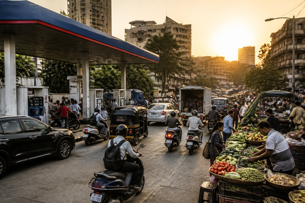 India inflation data shown with fuel pumps and an urban market street
