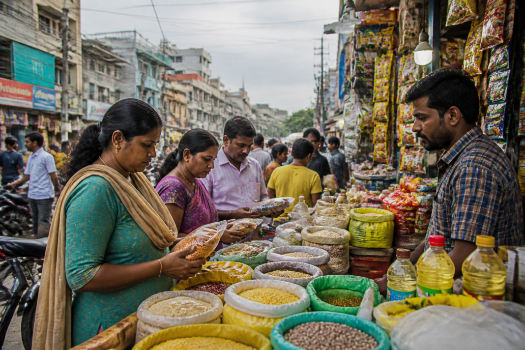 Telangana inflation data shown against a busy Hyderabad market street