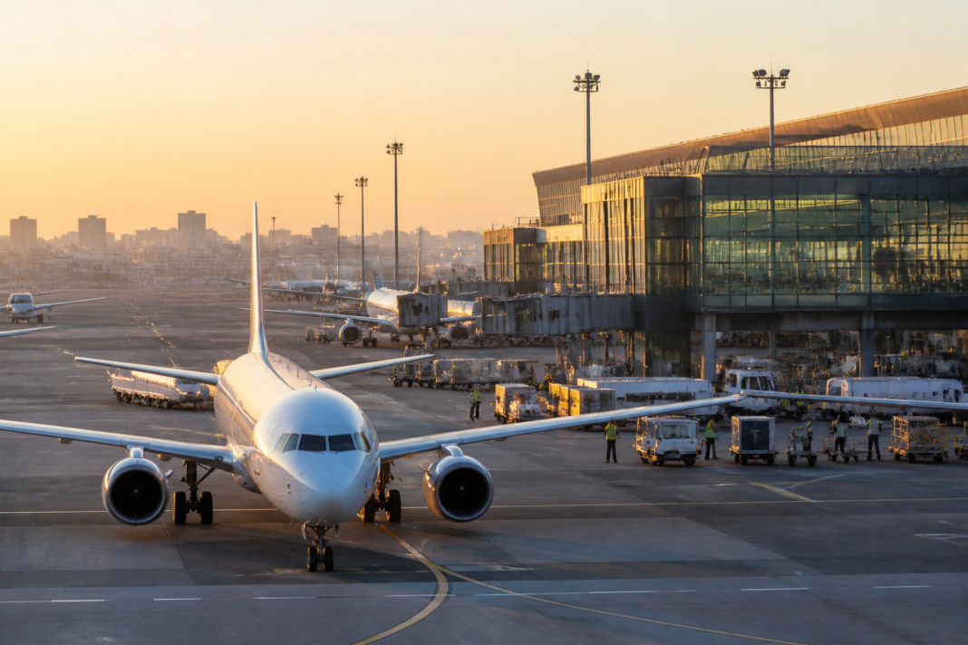 India air travel growth reflected by a passenger aircraft at a busy Indian airport terminal