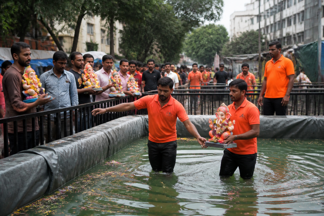 Pune Ganesh Visarjan arrangements with an artificial immersion tank and civic collection facilities