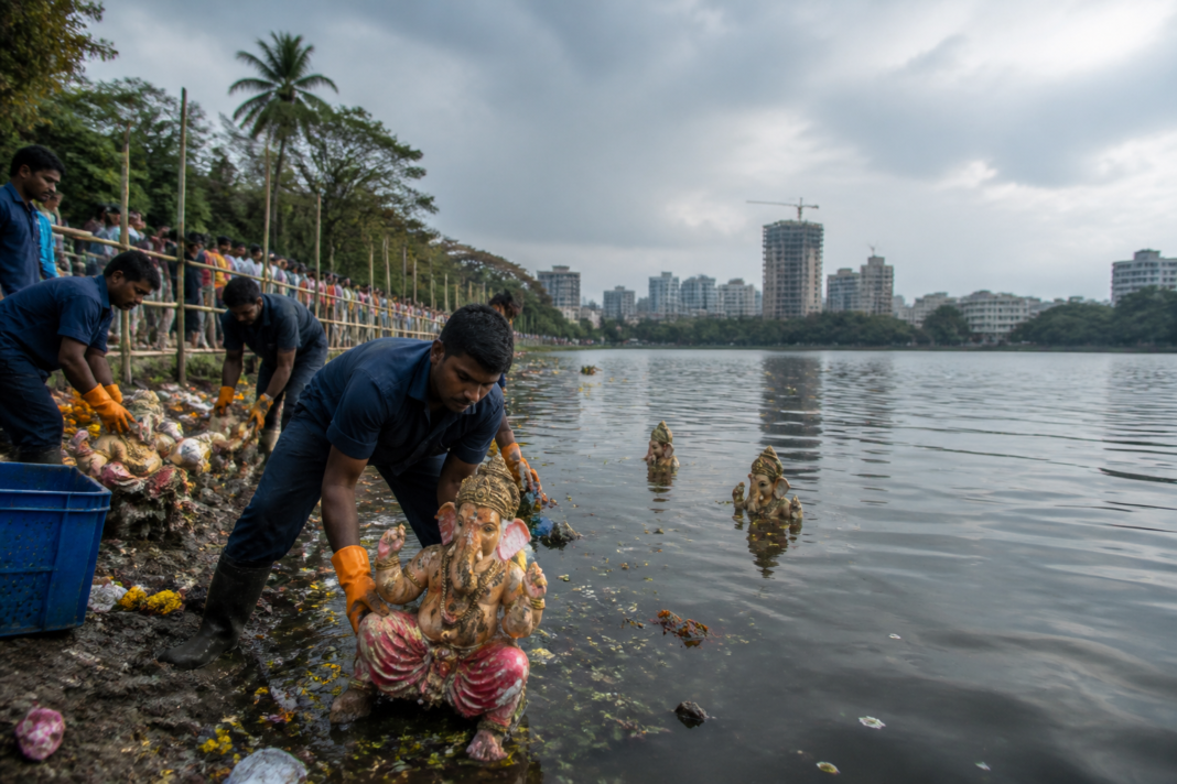 Thane Ganesh visarjan site with partially submerged idols and municipal workers near the water